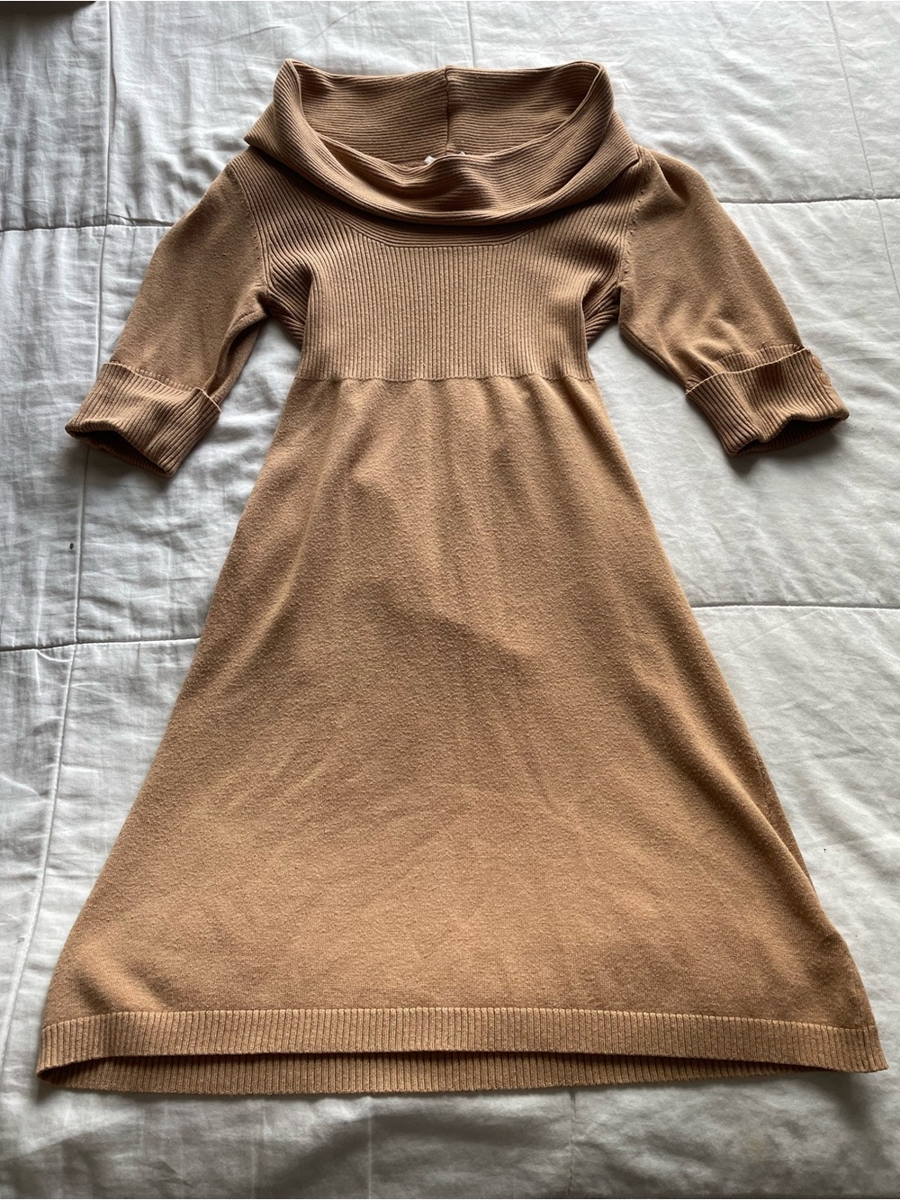 Y2K Tan Half Sleeve Cowl Neck Mini Sweater Dress Small Academia Gilmore Girls